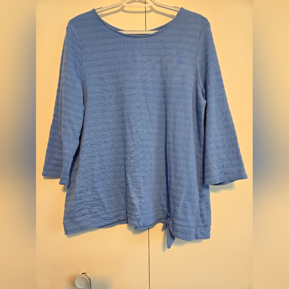 Croft & Barrow Blue Textured Tie Hem Top XL 3/4 Sleeve Cotton Blend